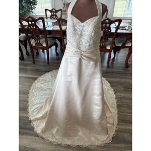 Champagne‎ and Ivory Lace Beaded Halter A-Line Wedding Dress Gown with Train NWT